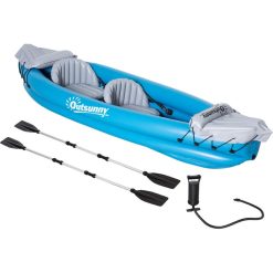 OUTSUNNY Canoé Kayak Gonflable 2 Personnes - Gonfleur, Kit Réparation, 2 Rames Inclus - PVC Gris Bleu