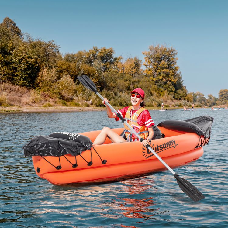 OUTSUNNY Canoé Kayak Gonflable 1 Personne - Gonfleur Et Rame En Aluminium Inclus - PVC Orange Noir 4 OUTSUNNY Canoé Kayak Gonflable 1 Personne - Gonfleur Et Rame En Aluminium Inclus - PVC Orange Noir – Image 2